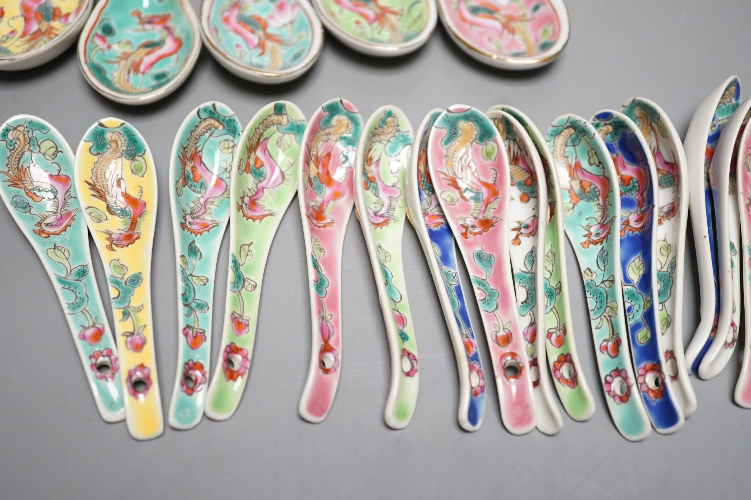 A collection of Chinese Straits porcelain spoons and a dish